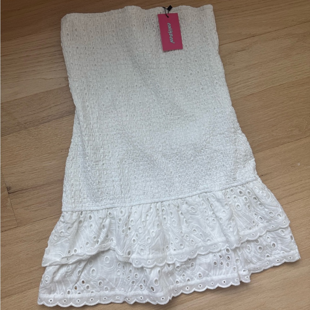 Edikted Strapless White Dress Ruffled Mini Scrunch